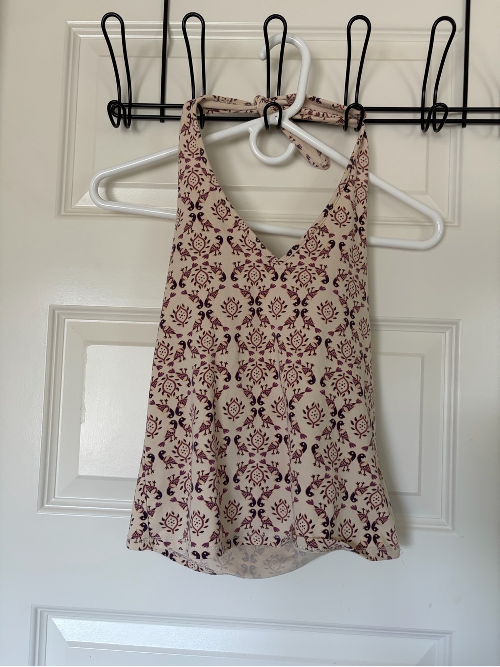 Vintage GAP Sleeveless Tie-Neck Halter Top in Cream with Burgundy Print